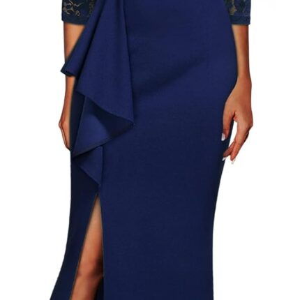 Women's Vintage Floral Lace Ruffle Half Sleeve Evening Party Formal Long Dress